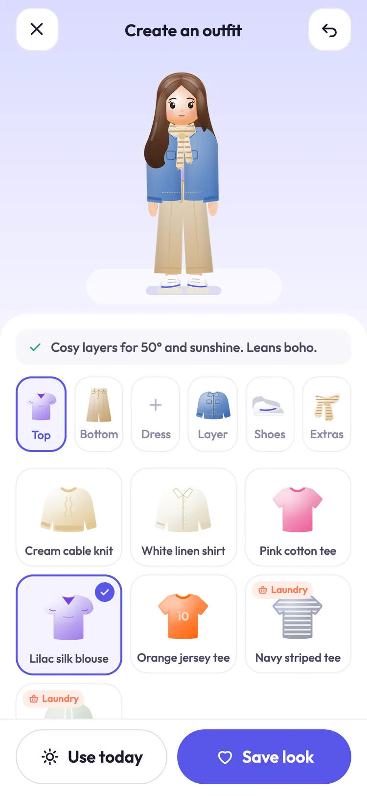 The outfit builder: the avatar wears a denim jacket over a lilac silk blouse with beige linen trousers, sneakers and a striped scarf, and a note says Cosy layers for 50 degrees and sunshine.