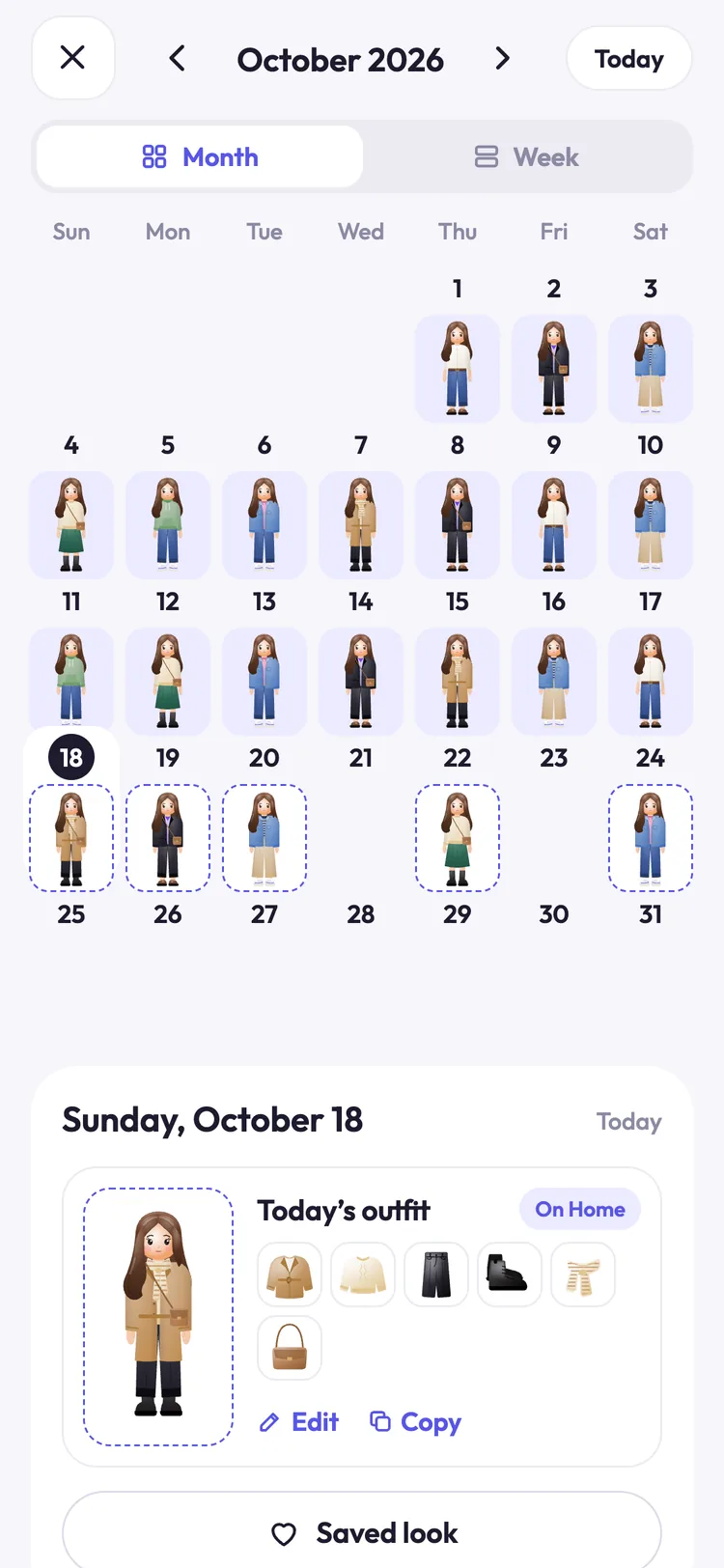 The outfit calendar for October: each day shows the clay avatar in what was worn, and planned days have a dashed outline.