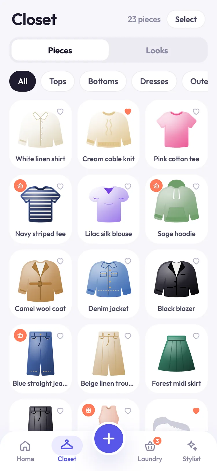 The Closet tab with 23 sample pieces drawn as clay art, including a white linen shirt, a cream cable knit, a pink tee, a camel wool coat, a denim jacket and blue jeans.