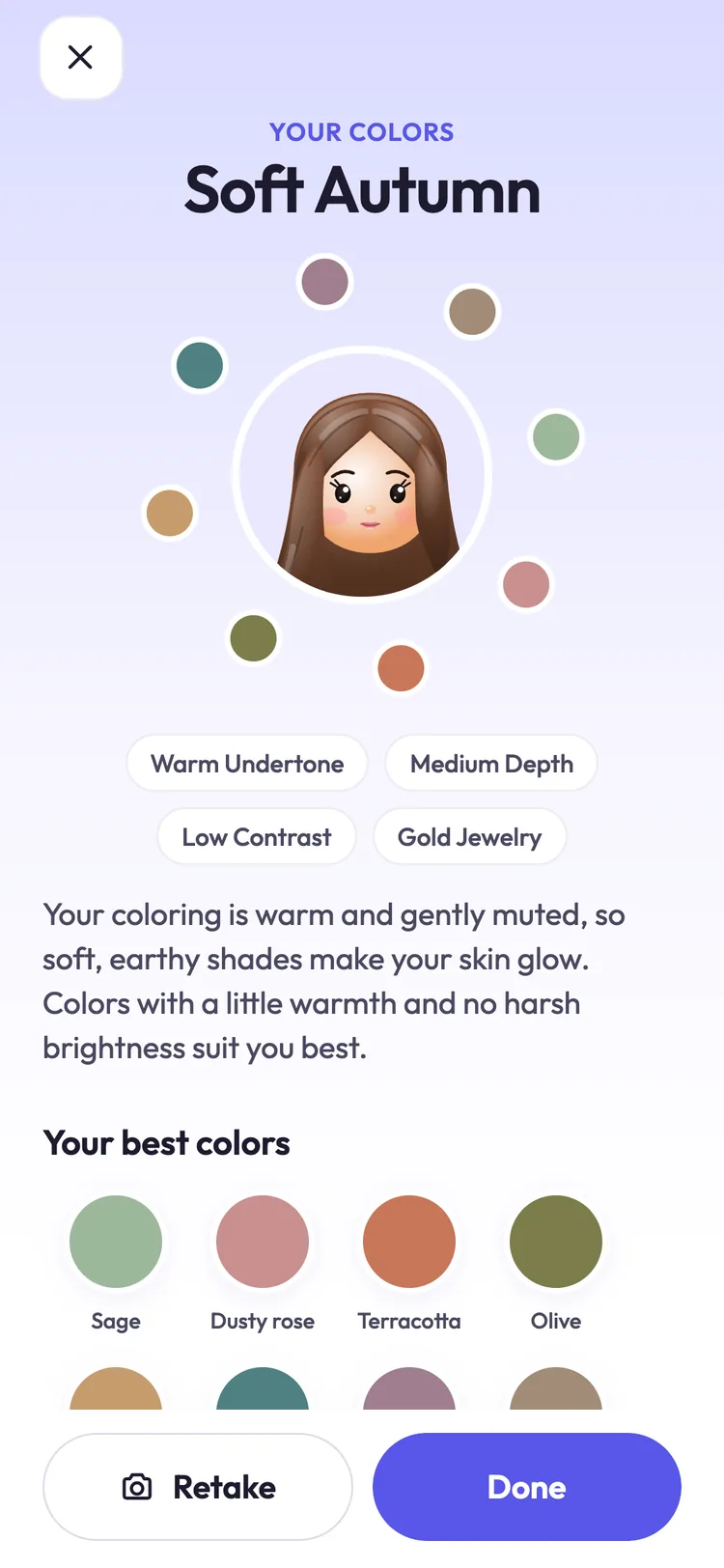 A sample color result, Soft Autumn: warm undertone, medium depth, low contrast and gold jewelry, with best colors such as sage, dusty rose, terracotta and olive.