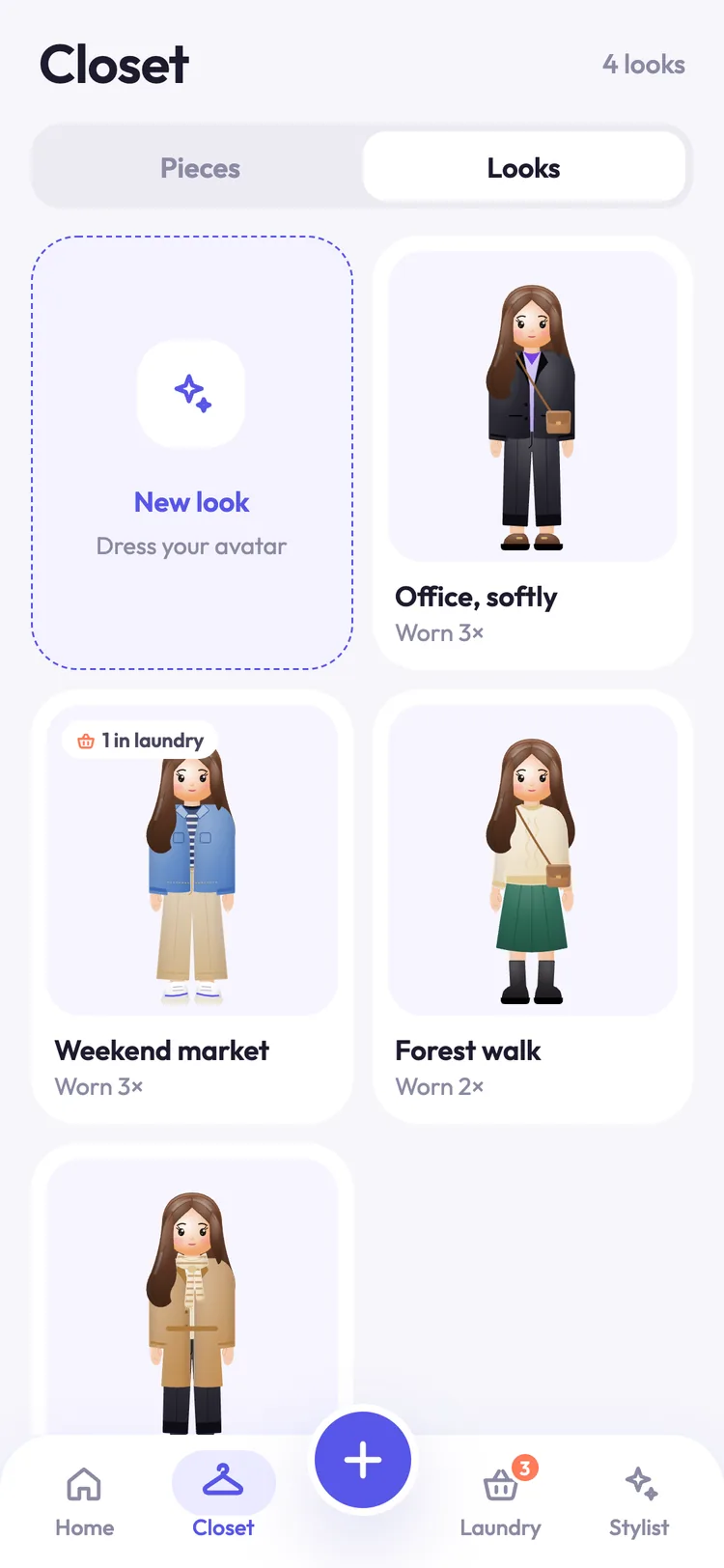 Saved looks in the Closet: Office, softly, worn 3 times; Weekend market, worn 3 times; Forest walk, worn twice.