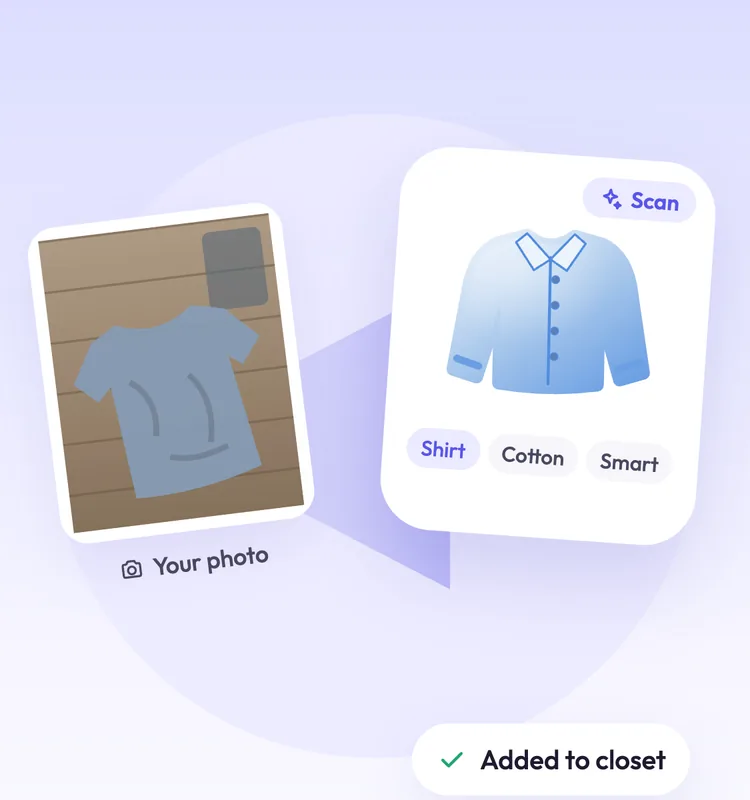 A photo of a blue shirt on a wooden floor becomes a clay shirt tagged Shirt, Cotton and Smart, and is added to the closet.