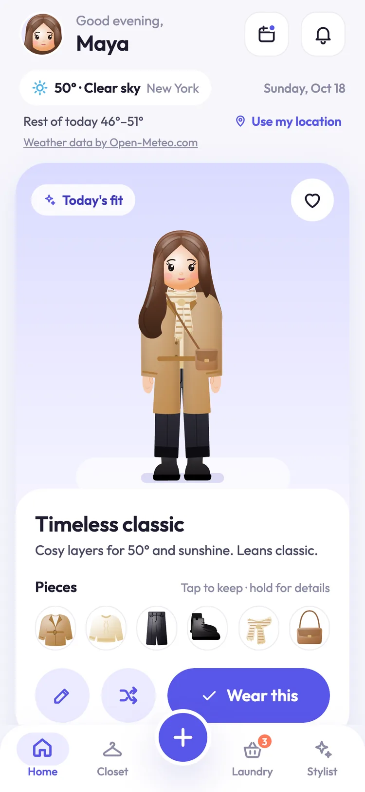 Ezfit’s Home screen. Today’s outfit, called Timeless classic, on a clay avatar: a camel wool coat over a cream cable knit, black tailored trousers, Chelsea boots, a striped scarf and a crossbody bag, picked for 50 degrees and sunshine.